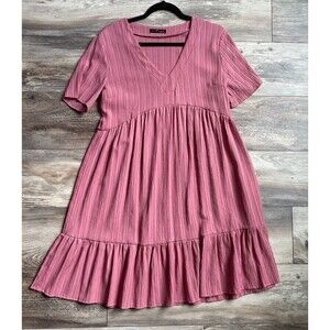 Emery Rose Women’s Peach Tiered Flow Boho V-Neck Dress Size Medium Short Sleeve